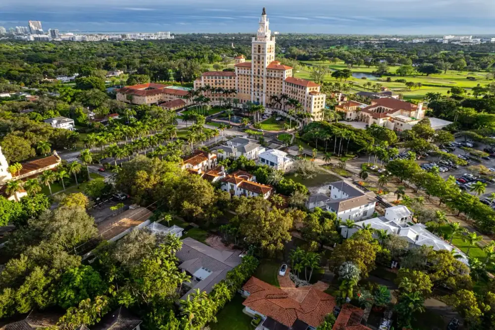 Aerial view of Coral Gables, Florida, at sunset